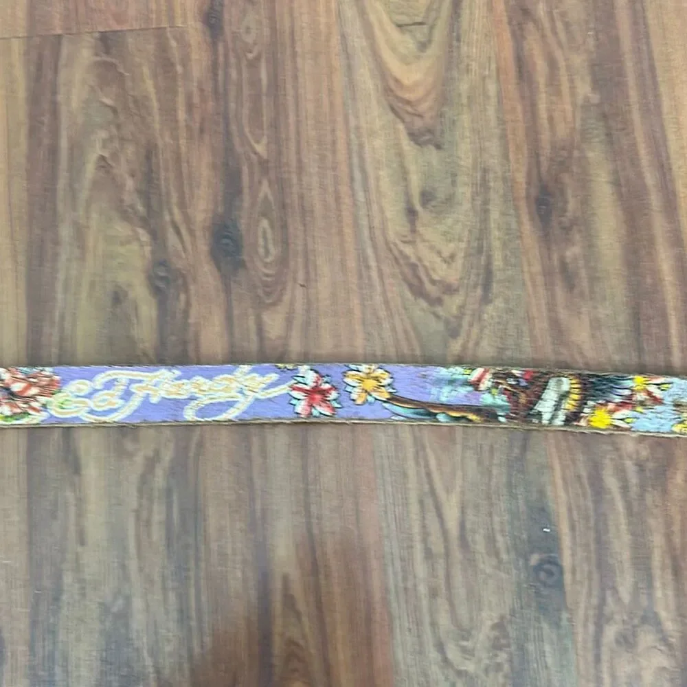 Vintage Ed Hardy y2k purple turquoise genuine leather belt brown no buckle S